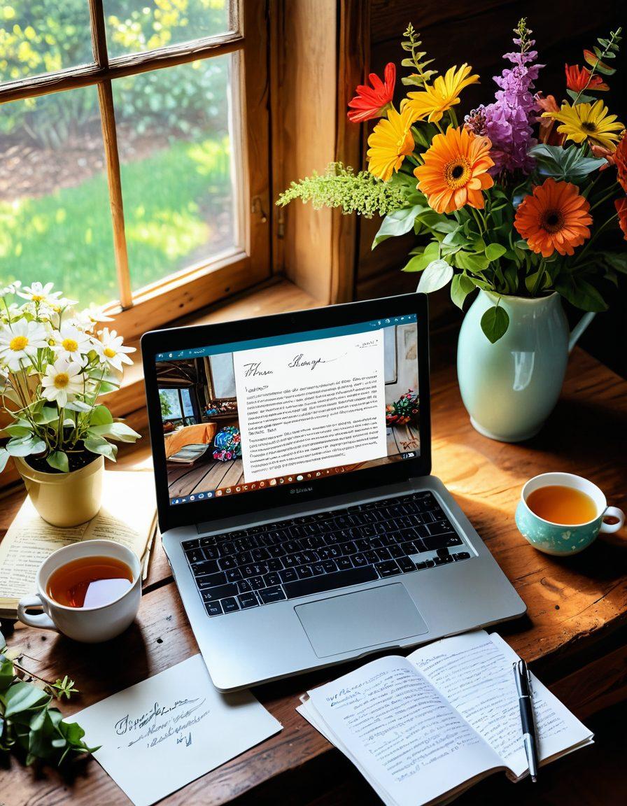A serene scene featuring an open laptop on a rustic wooden table surrounded by blooming flowers, with soft sunlight filtering through leaves overhead. The screen displays vibrant blog posts, while handwritten notes about self-discovery lay nearby. A steaming cup of tea completes the cozy atmosphere, symbolizing inspiration and connection through writing. digital painting. warm colors. soft focus.