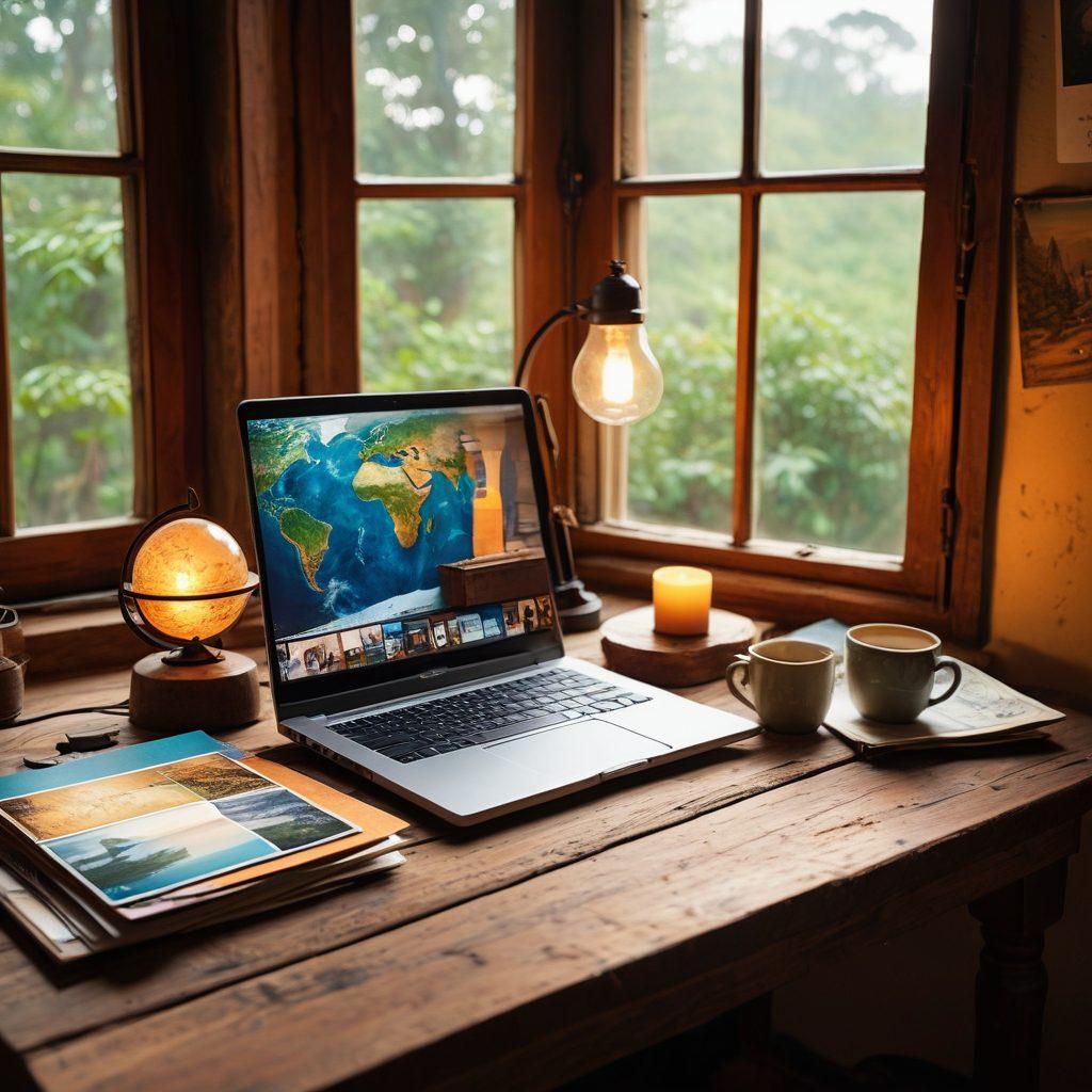 An open laptop on a rustic wooden table with a steaming cup of coffee beside it, reflecting a tranquil workspace. Surround it with travel mementos like a globe, vintage postcards, and adventure gear, symbolizing the blend of reflections and adventures. Warm natural light streaming through a nearby window creates an inviting atmosphere. artistic. vibrant colors. cozy. documentary style.