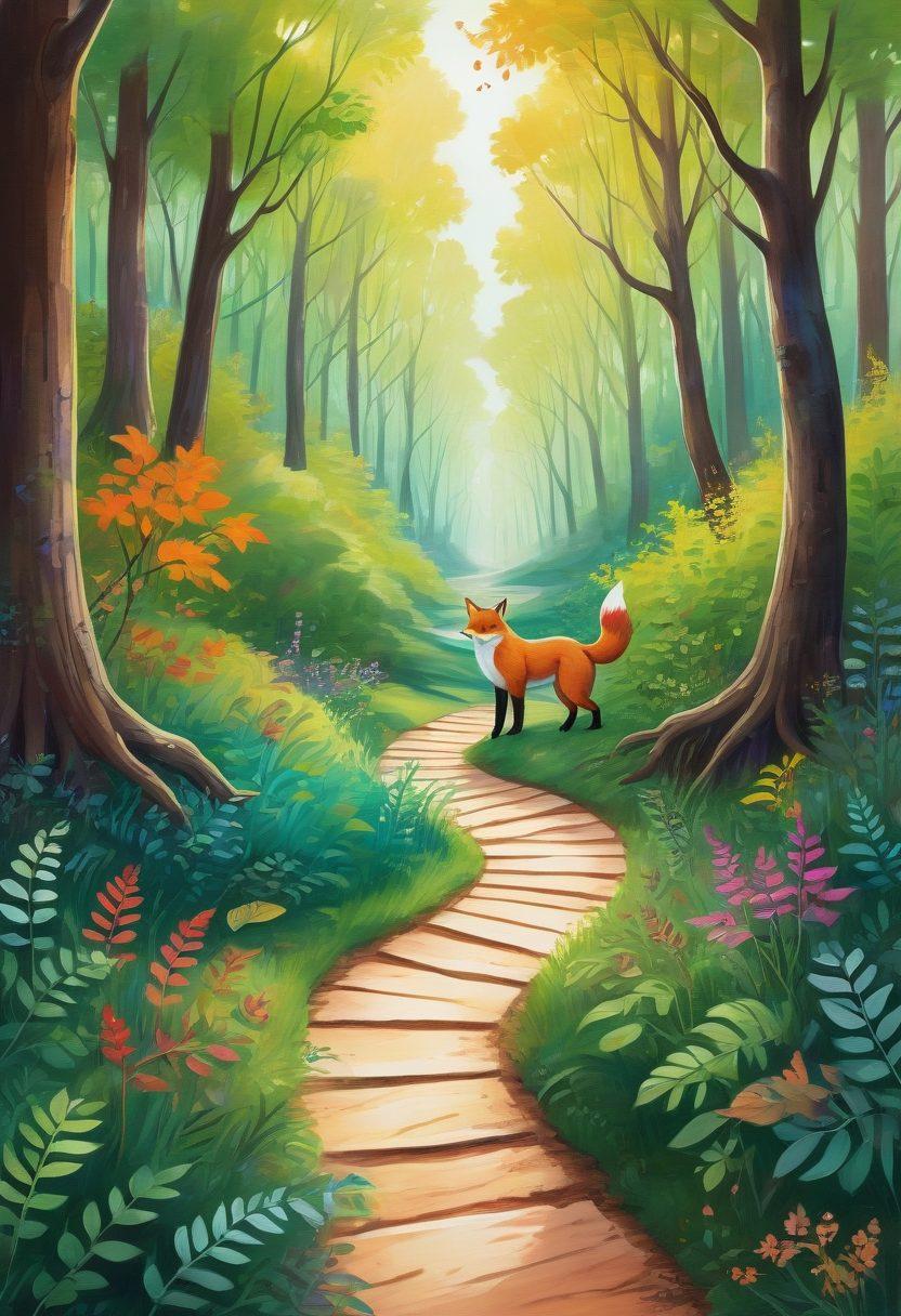 A winding path through a vibrant forest, symbolizing a journey of self-discovery. Along the path, colorful markers represent personal expression—such as a paint palette, a journal, and musical notes. Soft sunlight filters through the leaves, creating a warm, inviting atmosphere. Include a whimsical fox observing the journey, hinting at companionship and curiosity. enchanting illustration. vibrant colors. painterly style.